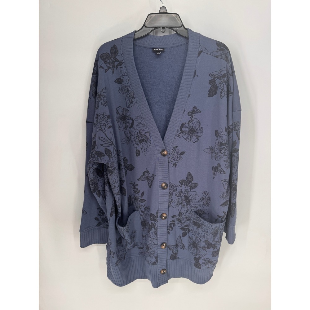 Torrid Cardigan Women Size 2X Blue EUC Floral Butterfly Oversized Cotton Blend